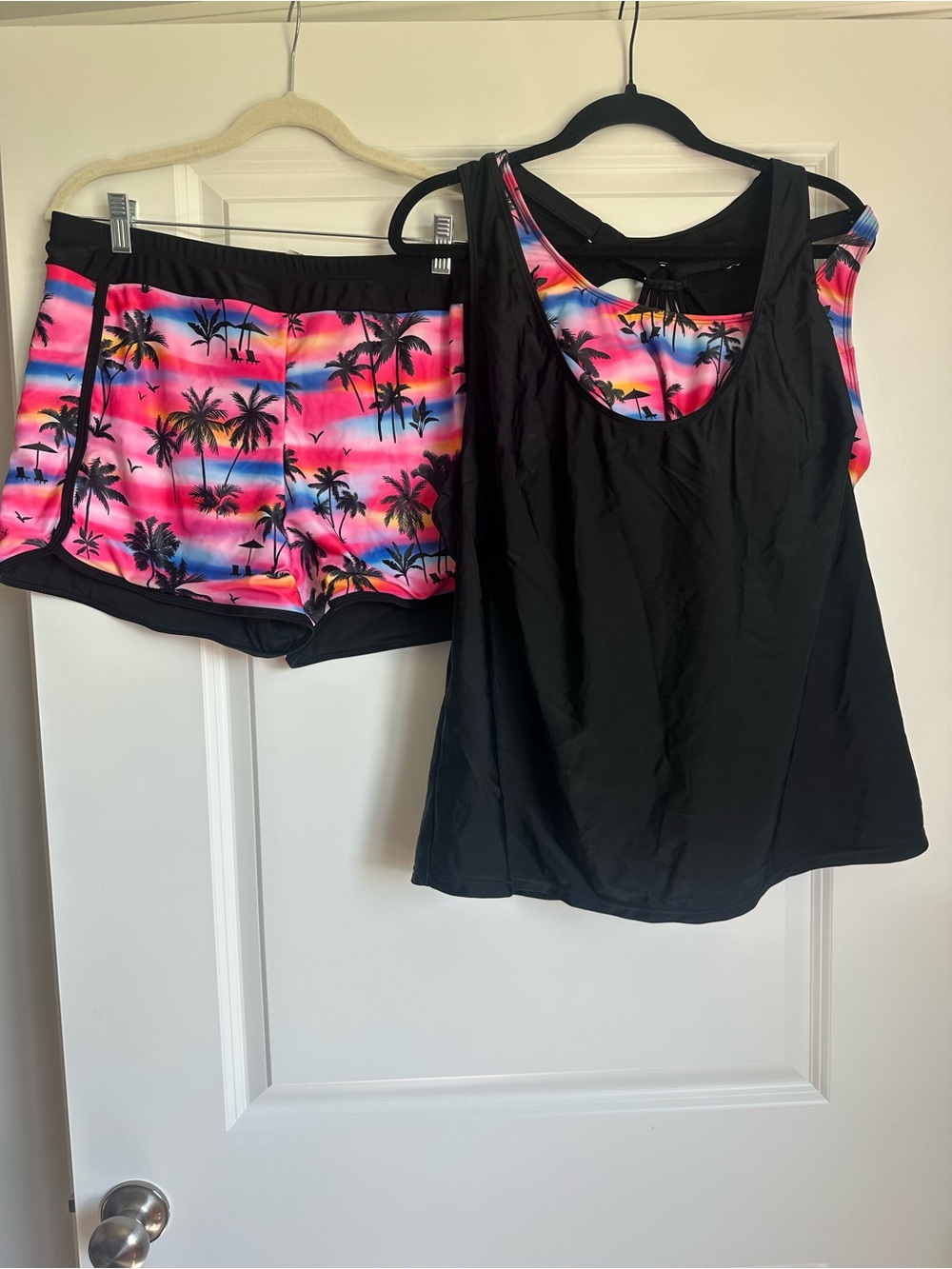 Source Unknown Black Tank Top with Pink Tropical Print Shorts